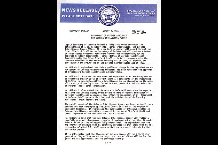 A Department of Defense news release dated Aug. 2, 1961 announcing the establishment of the Defense Intelligence Agency.